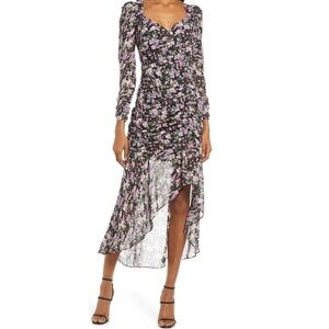 NWT Floreat Studios Floral Printed Ruched Puff Sleeve Midi Dress Black/Purple
